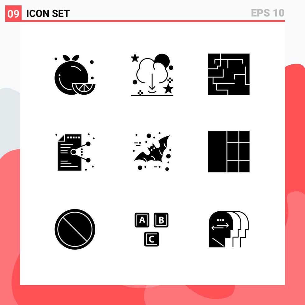 Gruppe von 9 soliden Glyphen Zeichen und Symbolen für Online-Dokument speichern Dateilabyrinth editierbare Vektordesign-Elemente vektor