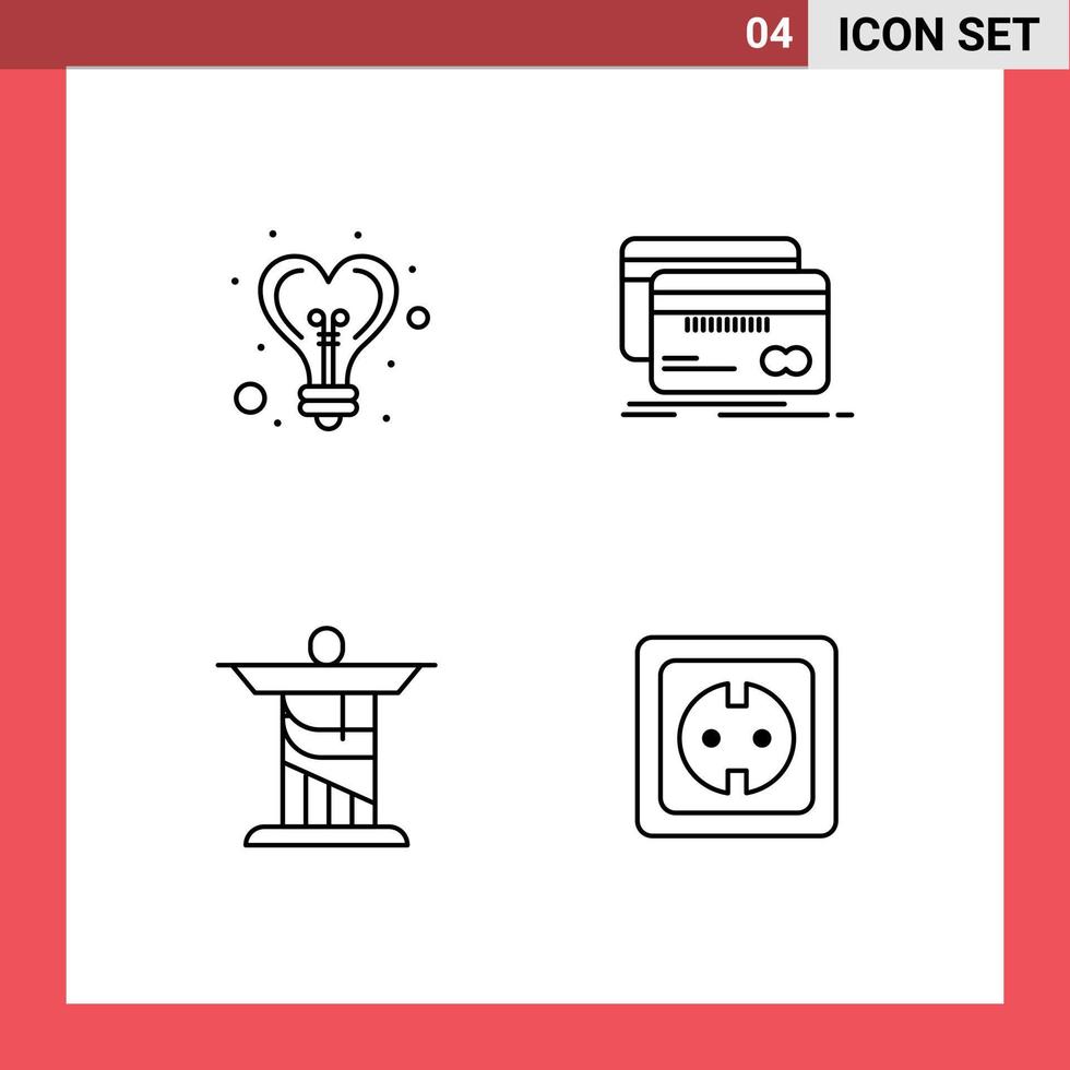 4 universelle Filledline-Flachfarben für Web- und mobile Anwendungen gesetzt Glühbirne Jesus Herz Kredit Denkmal editierbare Vektordesign-Elemente vektor