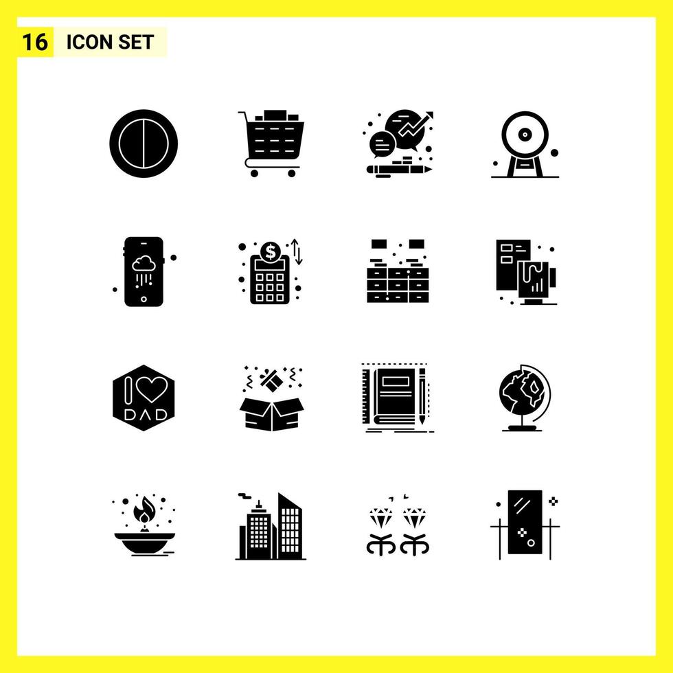solides Glyphenpaket mit 16 universellen Symbolen für regnerisches mobiles Management London Eye Riesenrad editierbare Vektordesign-Elemente vektor