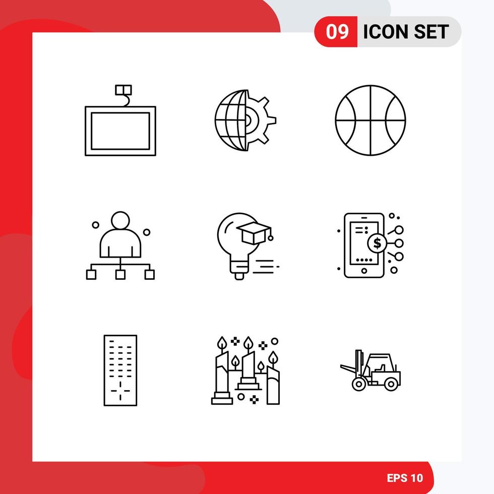uppsättning av 9 modern ui ikoner symboler tecken för utbildning Glödlampa uppsättning huvud chef redigerbar vektor design element