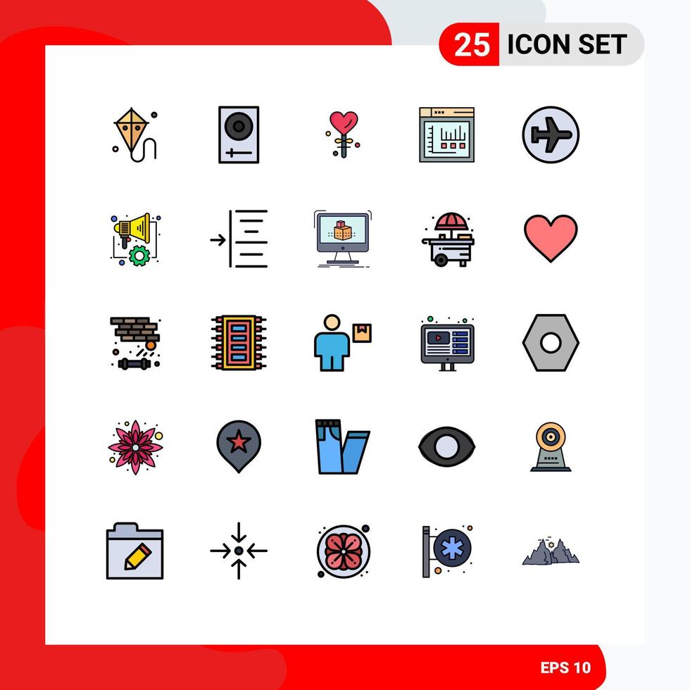 Packung mit 25 modernen, gefüllten flachen Farbzeichen und Symbolen für Web-Printmedien wie Flugzeug-Webmixer Internet-Valentine-editierbare Vektordesign-Elemente vektor