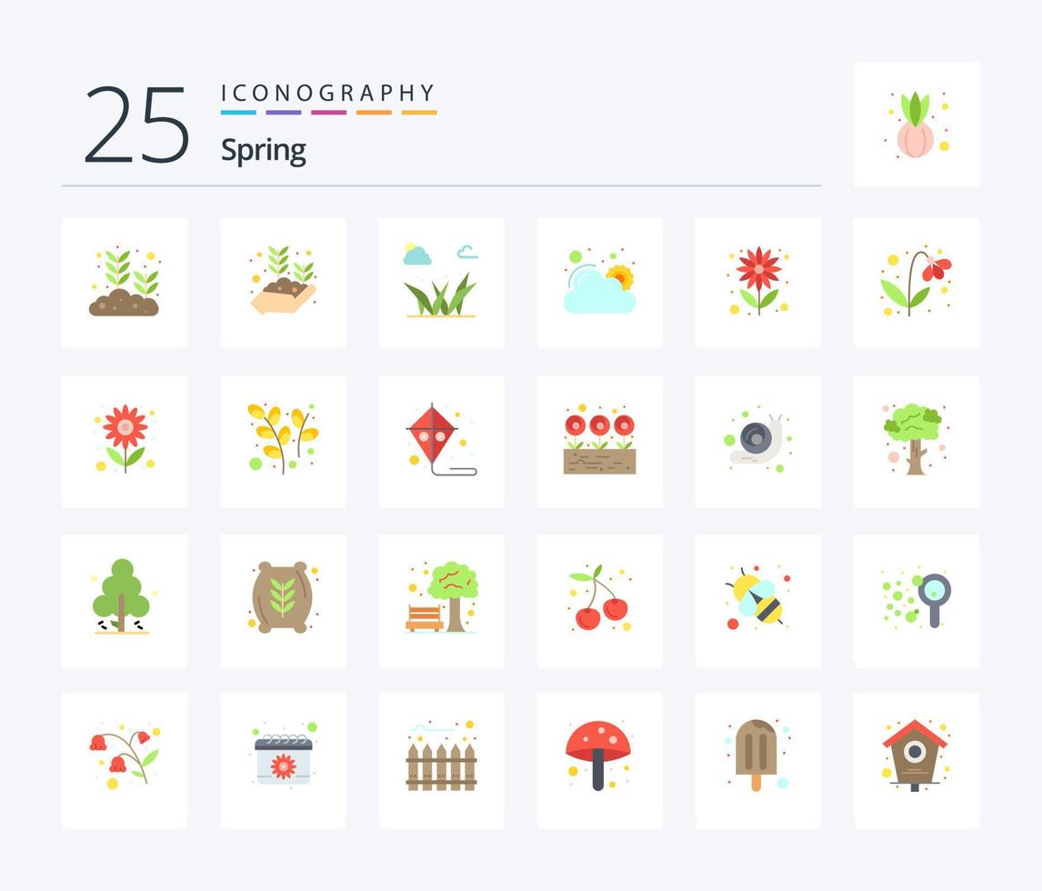 vår 25 platt Färg ikon packa Inklusive blomma. väder. växande hand. Sol. vår vektor