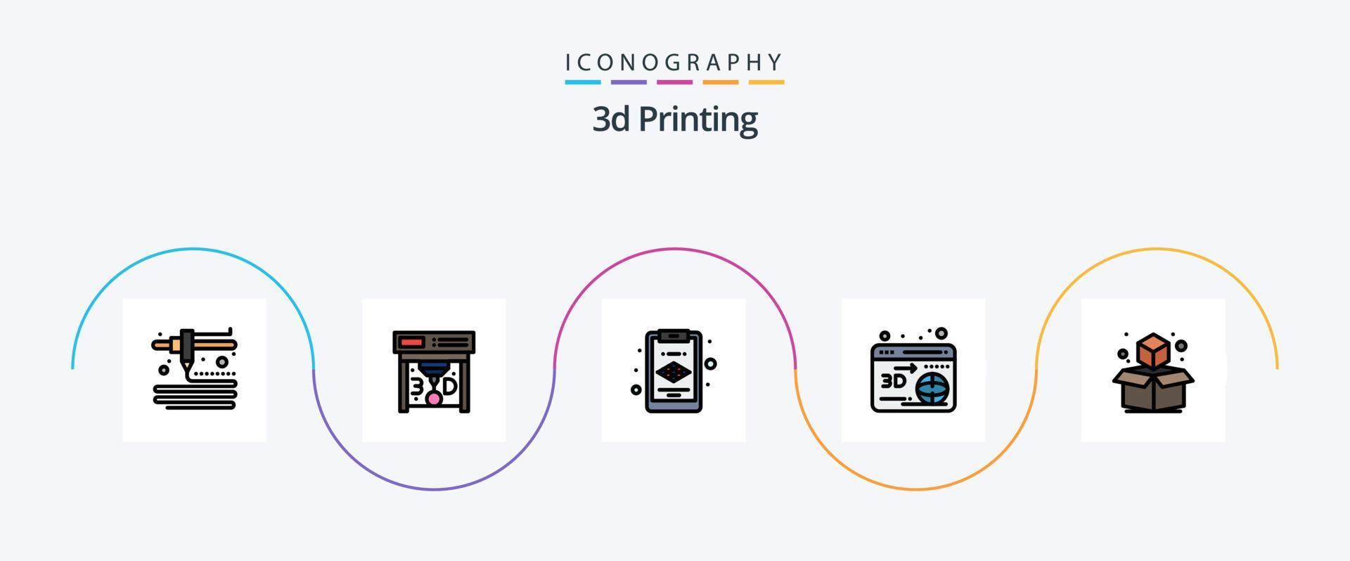 3d utskrift linje fylld platt 5 ikon packa Inklusive geometrisk. . kub. klot vektor