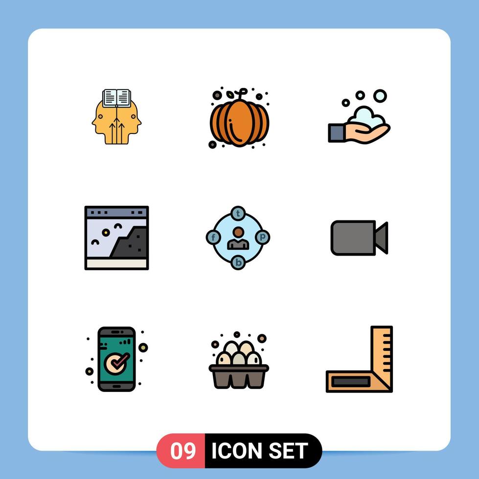 piktogram uppsättning av 9 enkel fylld linje platt färger av social media Foto rengöring sida browser redigerbar vektor design element
