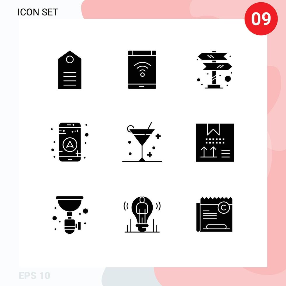 uppsättning av 9 kommersiell fast glyfer packa för alkohol Karta telefon gps tecken redigerbar vektor design element