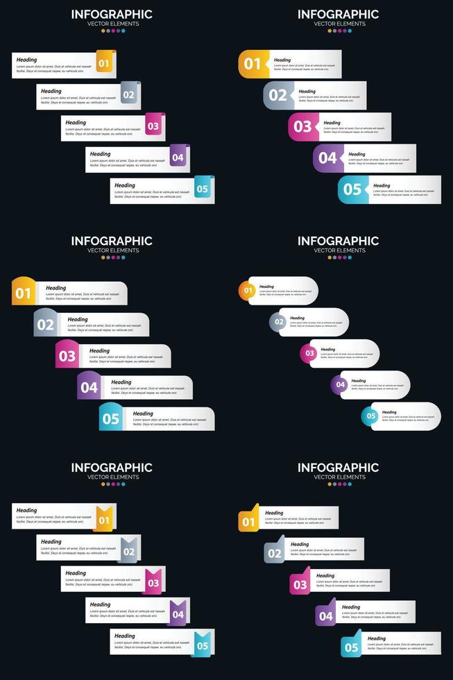 Vektor 6 Infografiken Pack Präsentationsfolie Vorlage 5 Schritte Zyklusdiagramme und Zeitleisten