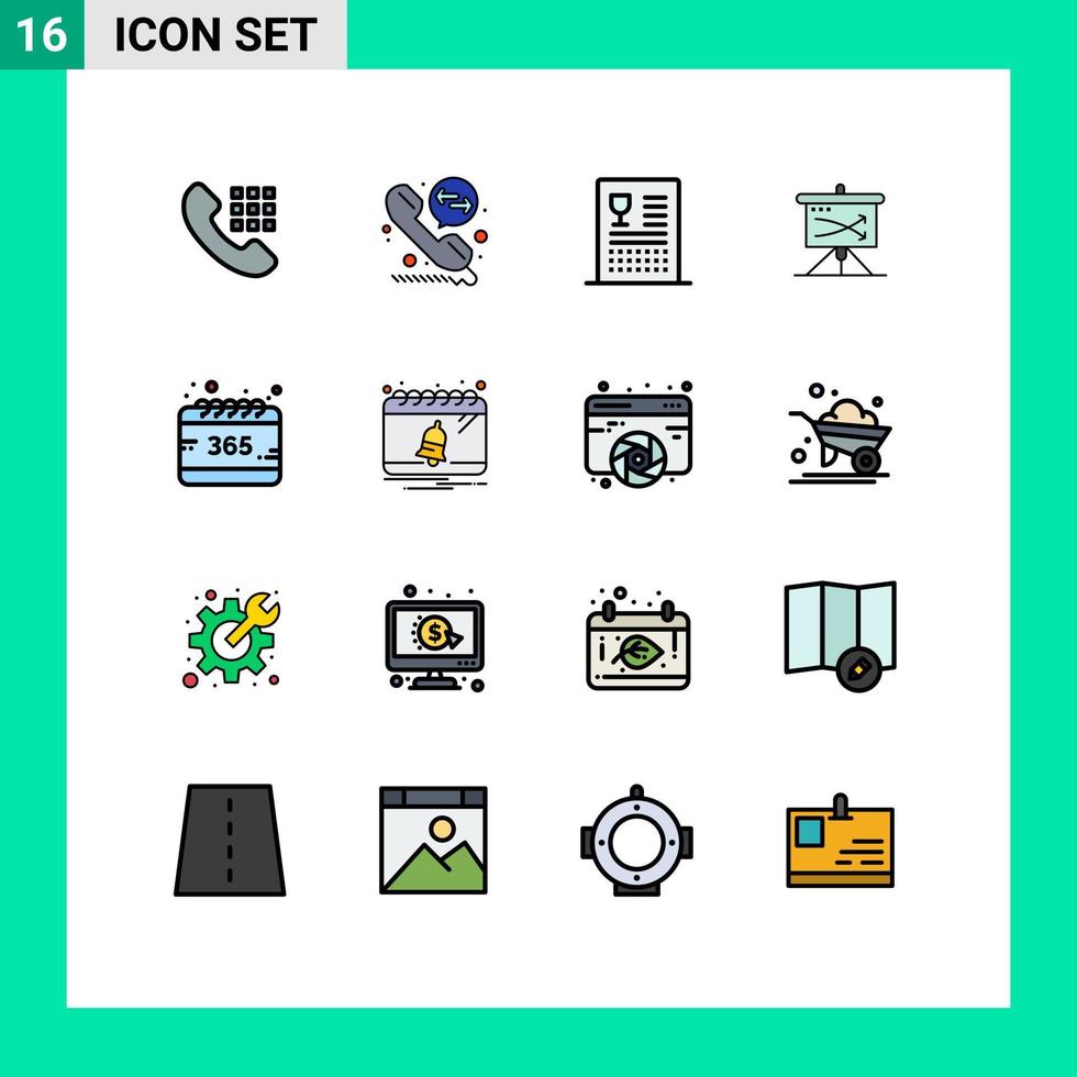 Packung mit 16 modernen, flachen, farbgefüllten Linien, Zeichen und Symbolen für Web-Printmedien, wie z. B. alle Planungskochpläne, strategische, editierbare, kreative Vektordesignelemente vektor