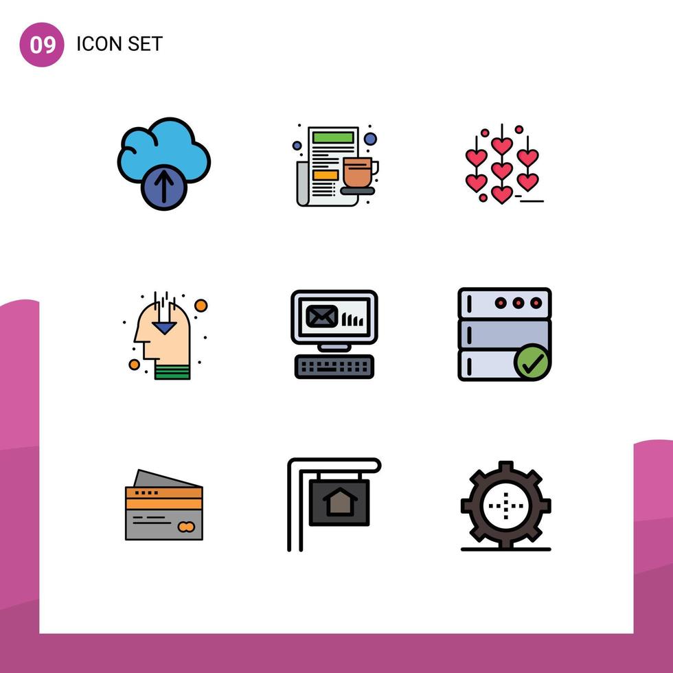 mobil gränssnitt fylld linje platt Färg uppsättning av 9 piktogram av meddelande kuvert kärlek e-post åsikt redigerbar vektor design element