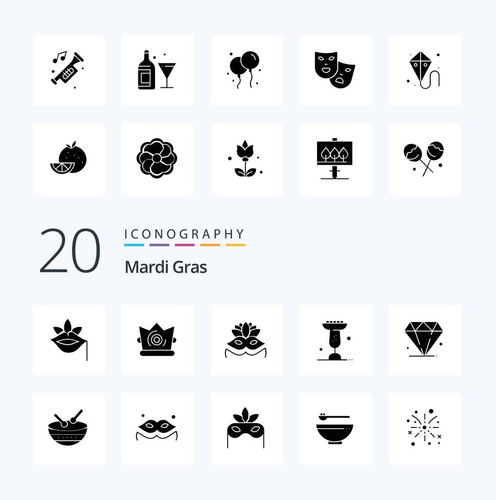 20 Mardi Gras Solid Glyph Icon Pack wie Jewl Mardi Gras Mardi Gras Eat Bowl vektor