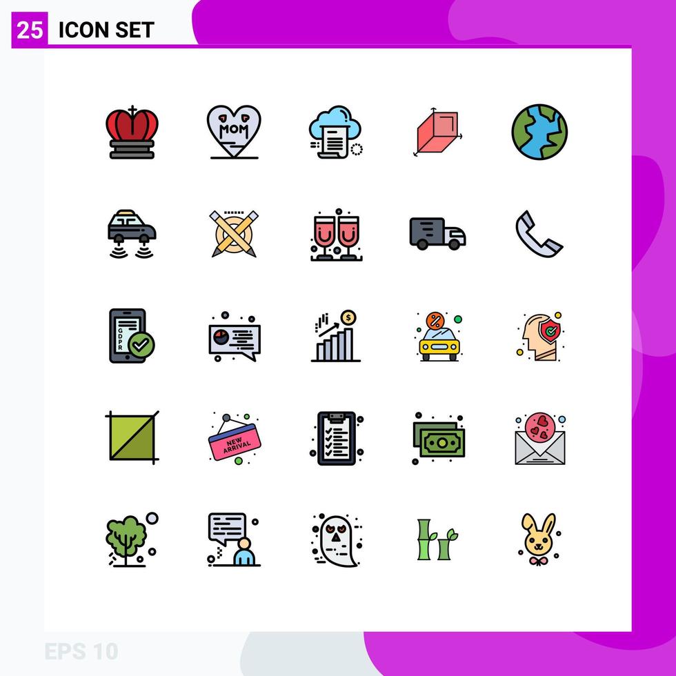 universelle Symbolsymbole Gruppe von 25 modernen gefüllten Linien flache Farben der Globus-Designdatei Quader-Computing-editierbare Vektordesign-Elemente vektor
