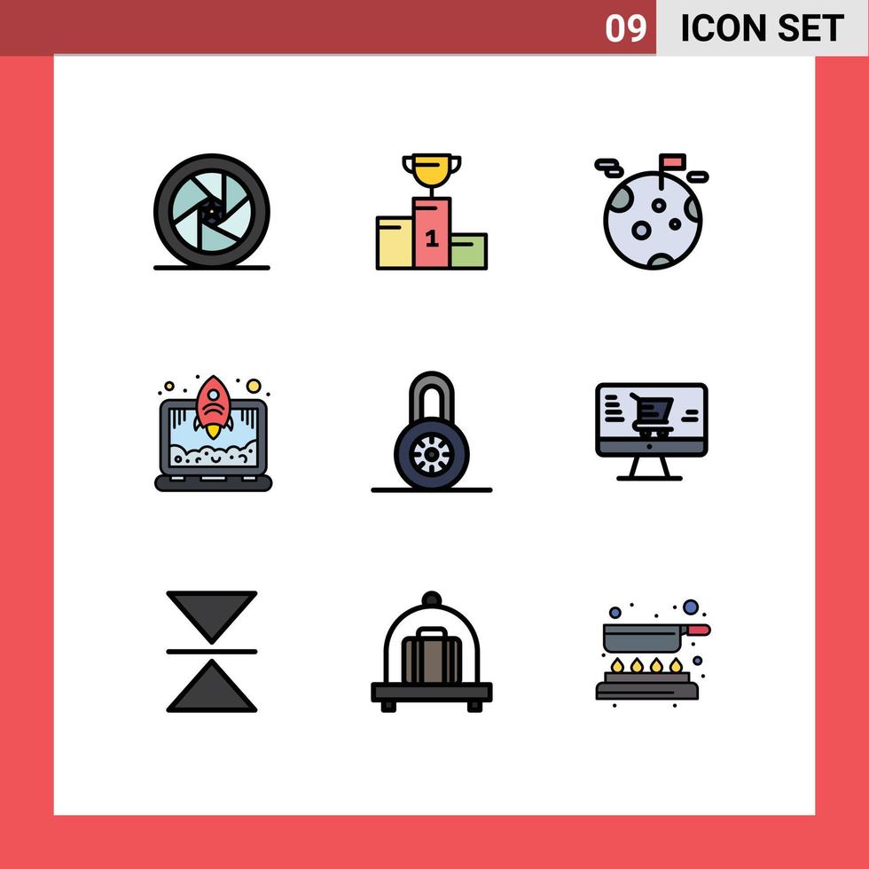 9 gefülltes flaches Farbkonzept für mobile Websites und Apps sperren Raketenbecher Laptop riesige editierbare Vektordesign-Elemente vektor