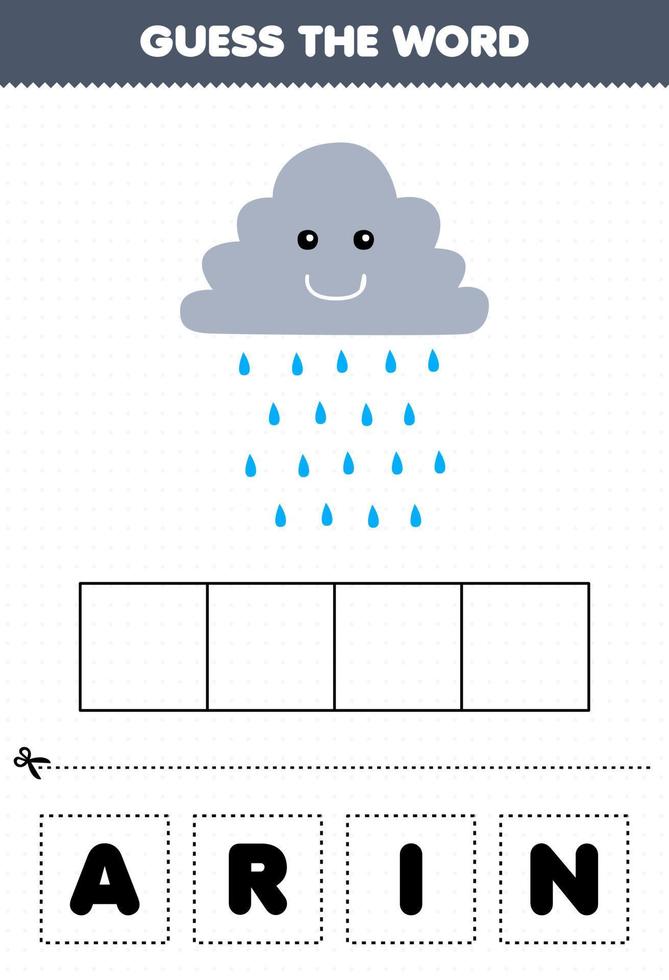 utbildning spel för barn gissa de ord brev praktiserande av söt tecknad serie regn moln tryckbar natur kalkylblad vektor
