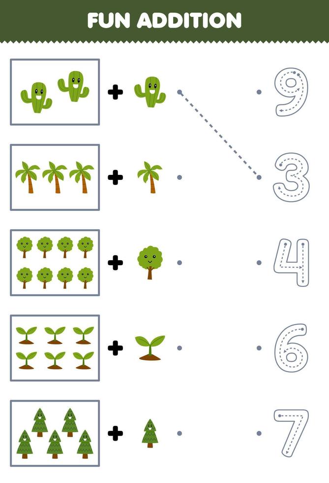 Lernspiel für Kinder, Spaß beim Zählen und fügen Sie einen weiteren Cartoon-Baum hinzu, dann wählen Sie das richtige Zahlen-Natur-Arbeitsblatt vektor