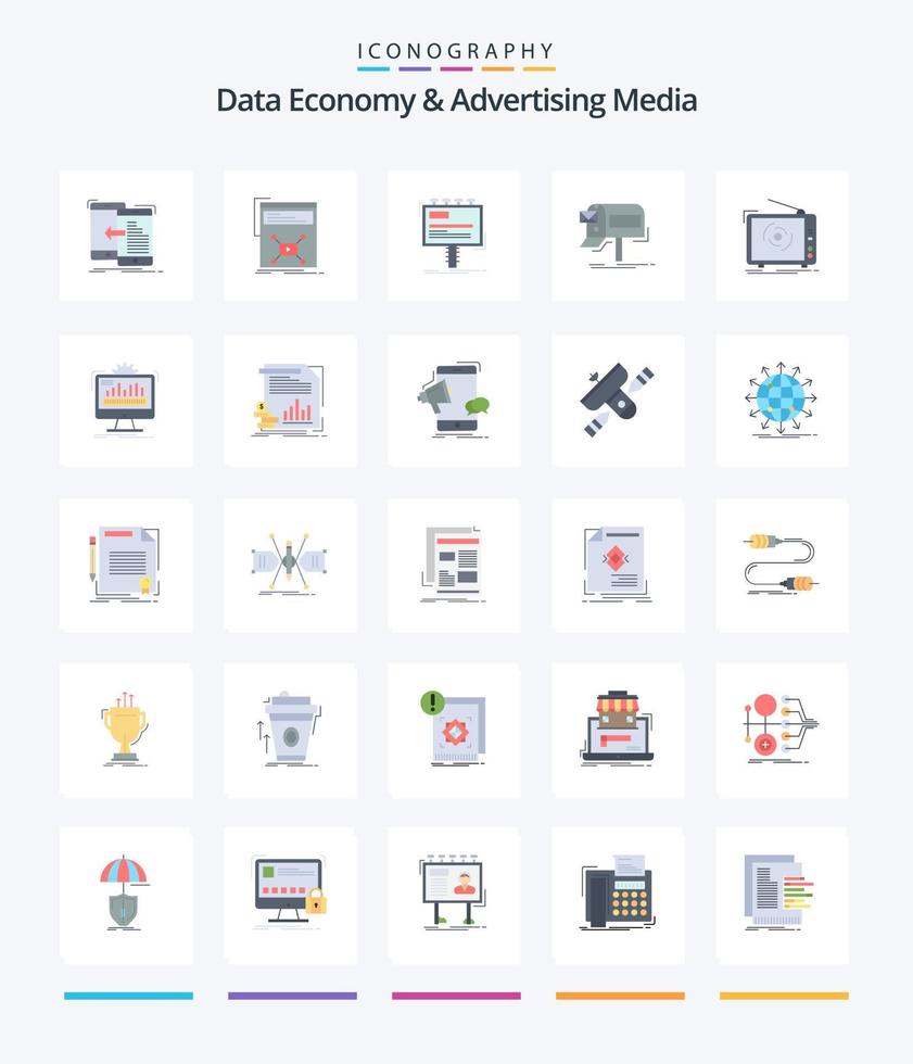 kreativ data ekonomi och reklam media 25 platt ikon packa sådan som marknadsföring. kampanjer. webb. kampanj. reklam vektor