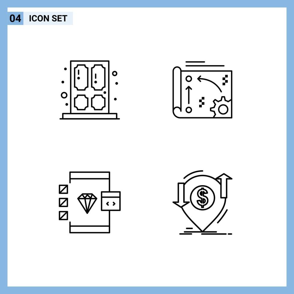 4 thematische Vektor-Fülllinien-Flachfarben und bearbeitbare Symbole der Tür-App-Fenstereinstellung, die bearbeitbare Vektordesign-Elemente codieren vektor