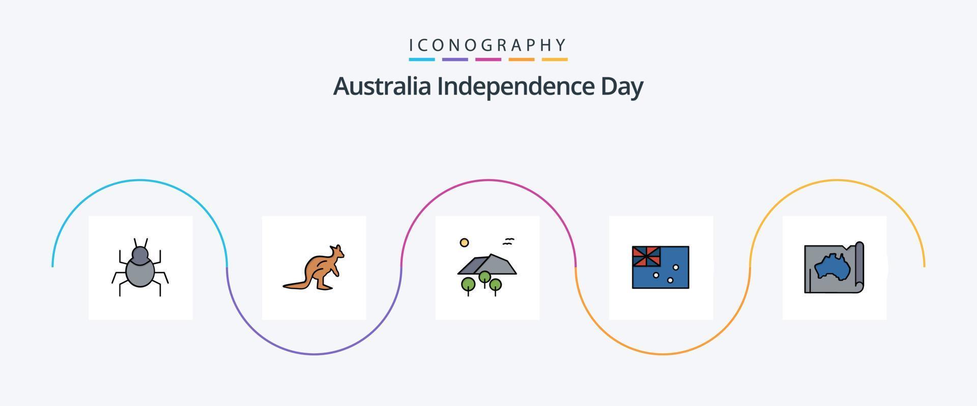 Australien oberoende dag linje fylld platt 5 ikon packa Inklusive flagga. Australien. känguru. aussie. träd vektor