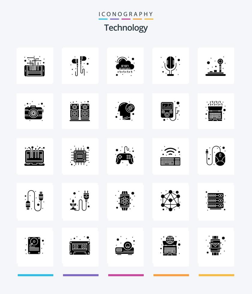kreativ teknologi 25 glyf fast svart ikon packa sådan som ljud inspelare. elektronik. musik. server. koda vektor