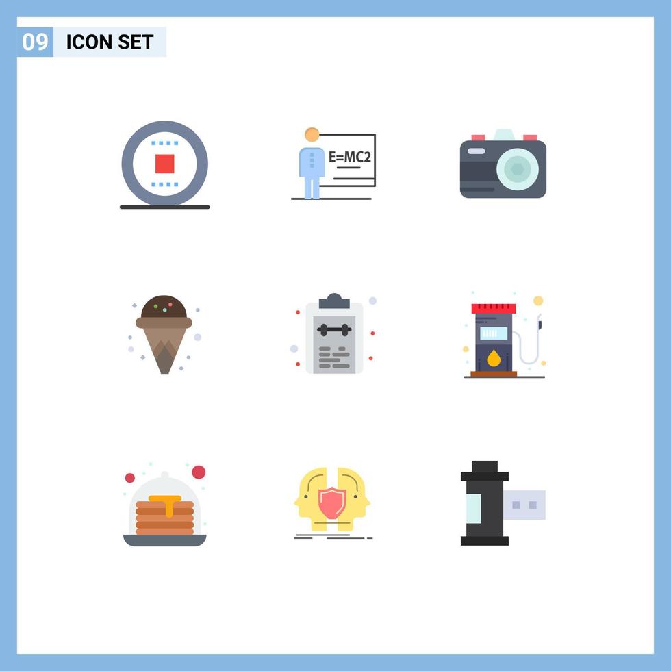 Aktienvektor-Icon-Pack mit 9 Zeilenzeichen und Symbolen für Notizblock-Listenkamera überprüfen Eiscreme editierbare Vektordesign-Elemente vektor