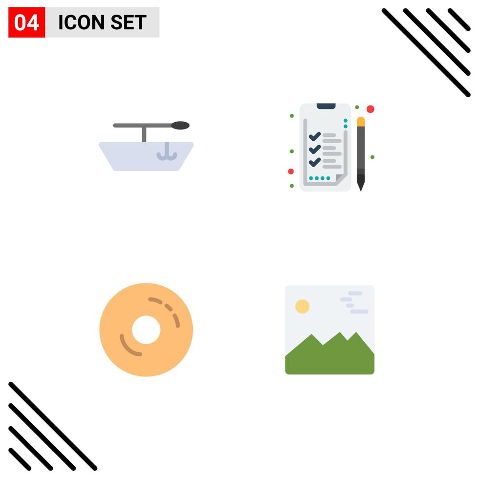 Stock Vector Icon Pack mit 4 Zeilen Zeichen und Symbolen für Boot Galerie Arbeit Donuts Bild editierbare Vektordesign-Elemente