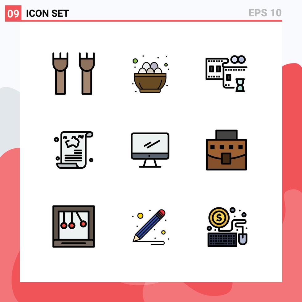 9 universell fylld linje platt färger uppsättning för webb och mobil tillämpningar guide artikel ägg Nyheter film rulle redigerbar vektor design element