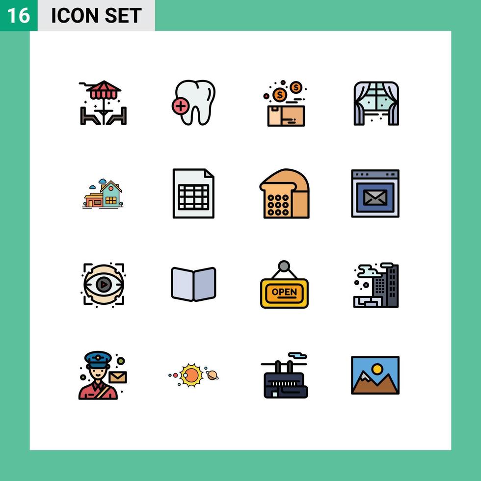 redigerbar vektor linje packa av 16 enkel platt Färg fylld rader av hus fönster pengar levande möbel redigerbar kreativ vektor design element