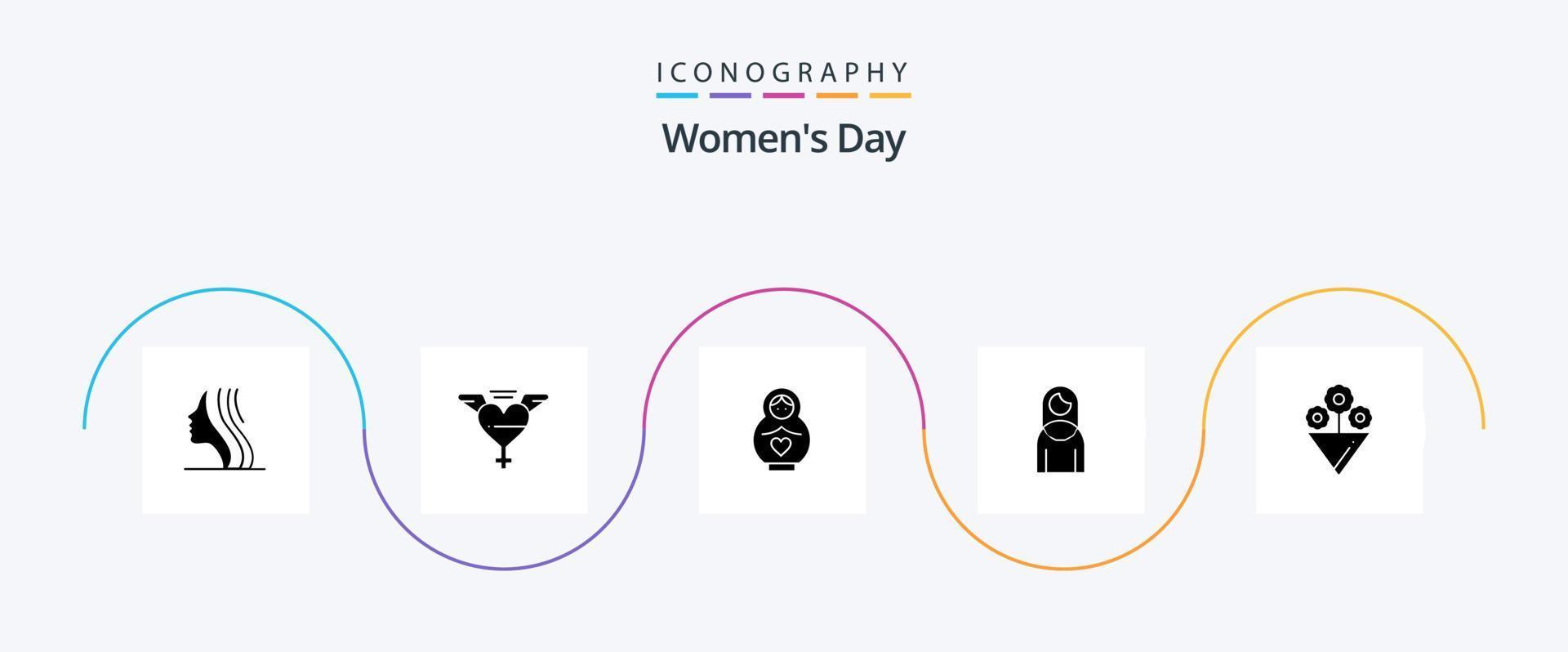 Womens Day Glyph 5 Icon Pack inklusive Frauen. Liebe. Flügel. Mutter. Tag vektor