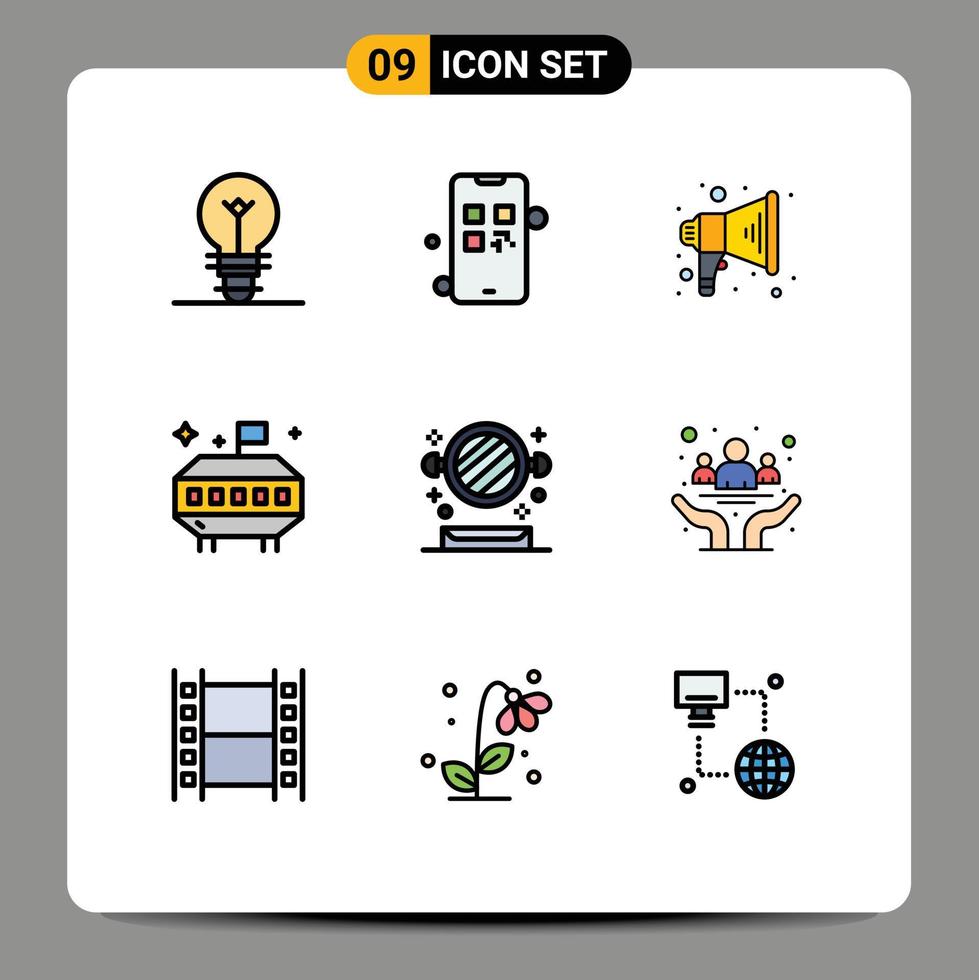 Stock Vector Icon Pack mit 9 Zeilenzeichen und Symbolen für das Bewusstsein Regal Megaphon Spiegel UFO editierbare Vektordesign-Elemente