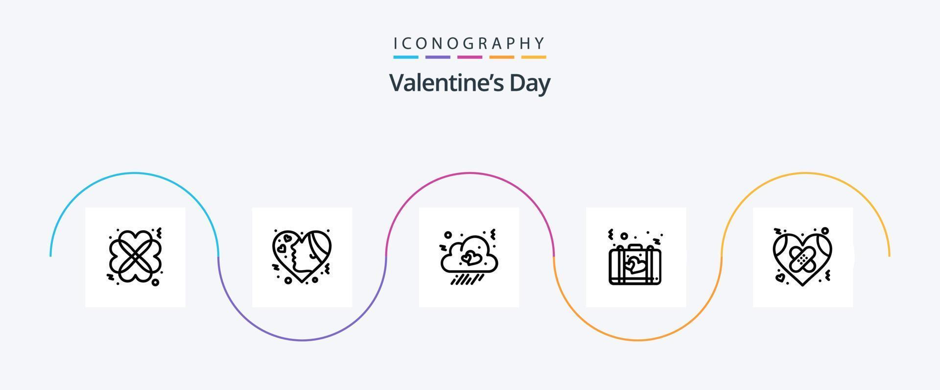 valentines dag linje 5 ikon packa Inklusive resväska. kärlek. kärlek. portfölj. hjärta vektor