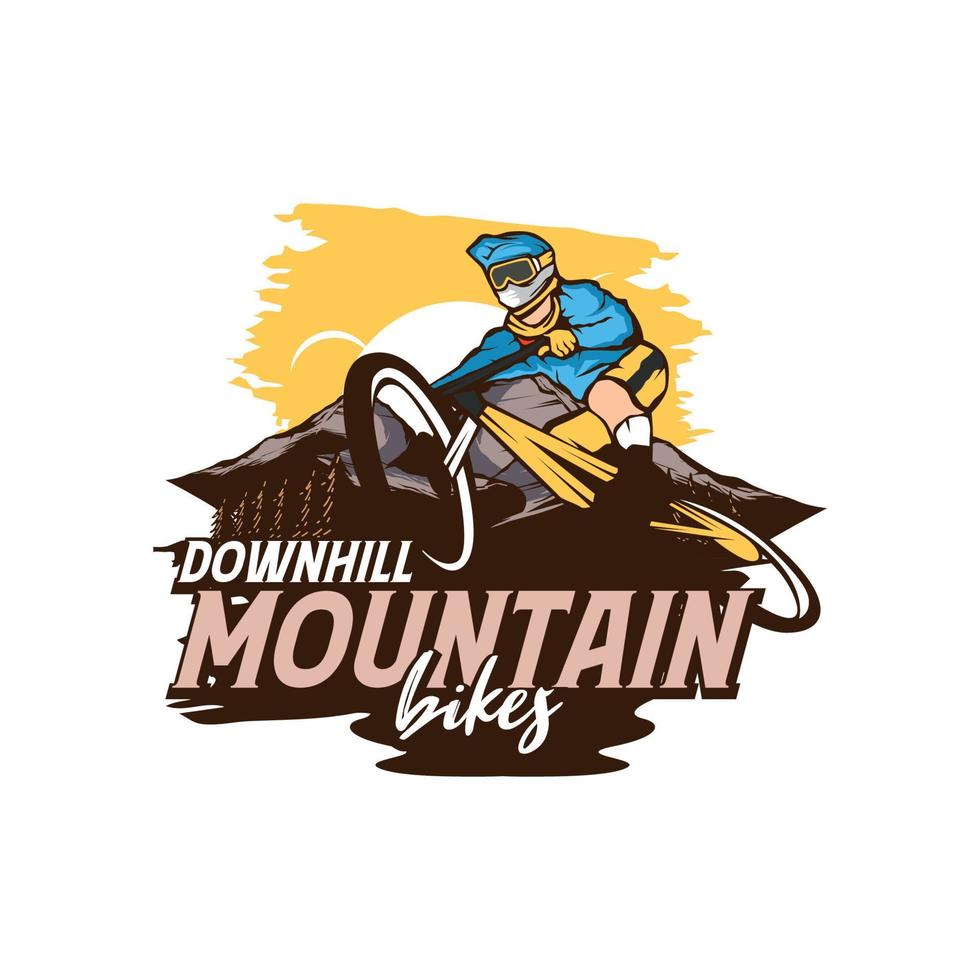 mountainbike vintage logotyp mall utrustning och cyklist illustration vektor