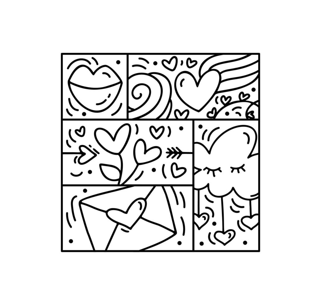 vektor valentines logotyp sammansättning hjärta, kuvert, moln, ballong, kärlek handskriven text. hand dragen monoline konstruktör i fyrkant ram för hälsning kort