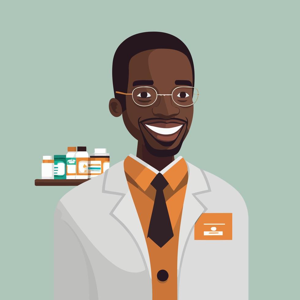 ett vuxen svart man arbetssätt en apotekare, med hylla av apotek läkemedel i de bakgrund vektor