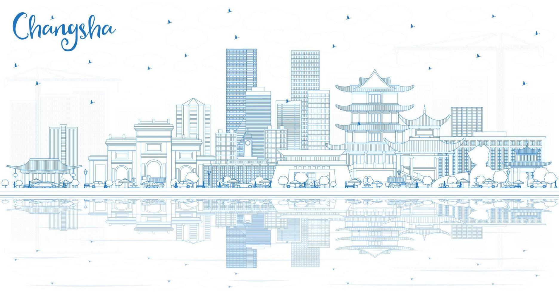översikt changsha Kina stad horisont med blå byggnader och reflektioner. vektor