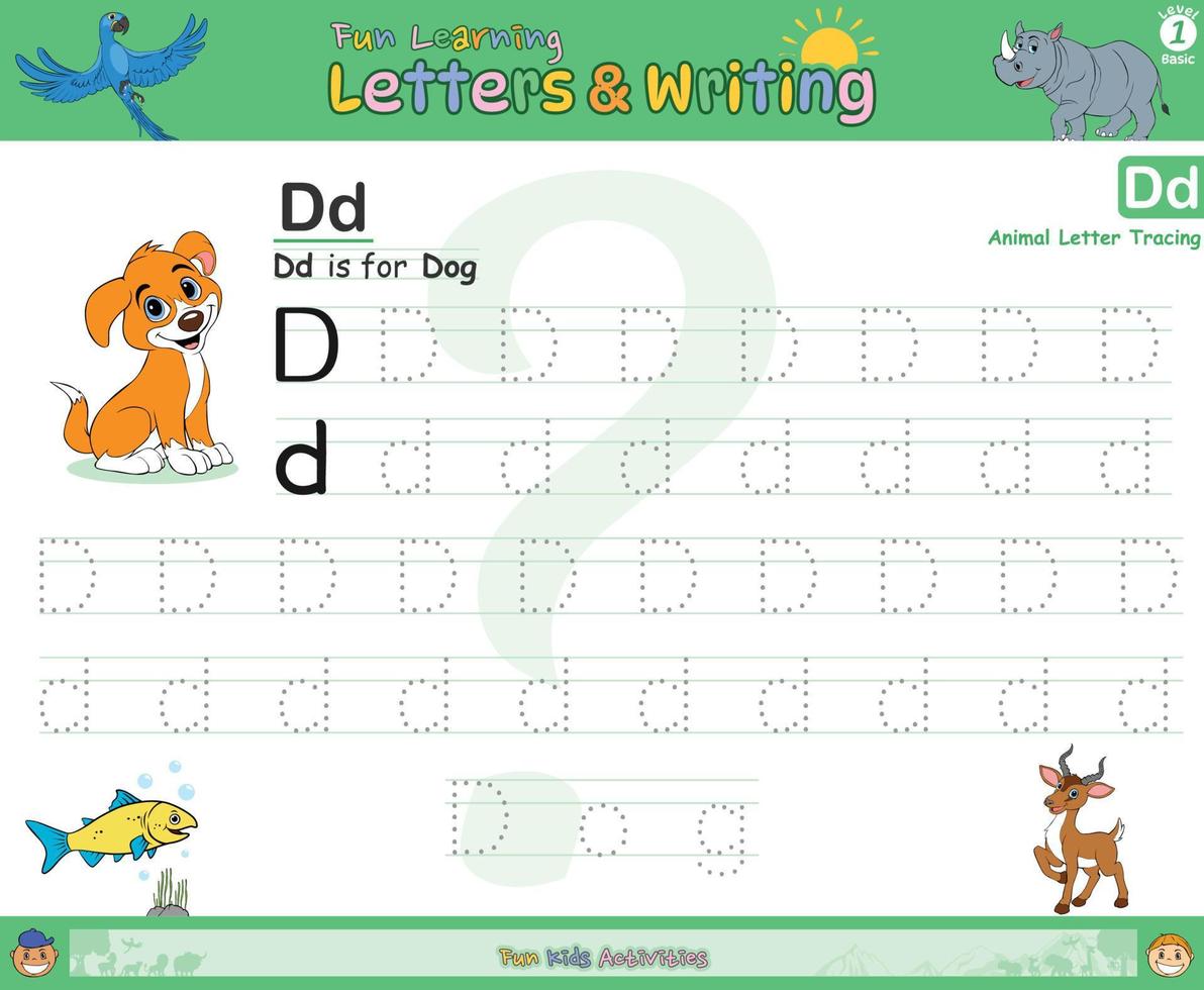 brev och skrivning djur- alfabet brev d hund vektor