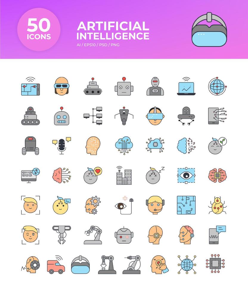 artificiell intelligens ikon uppsättning i linje stil, maskin inlärning, smart robot och moln datoranvändning nätverk digital ai teknologi internet, lösning, algoritm, vektor illustration