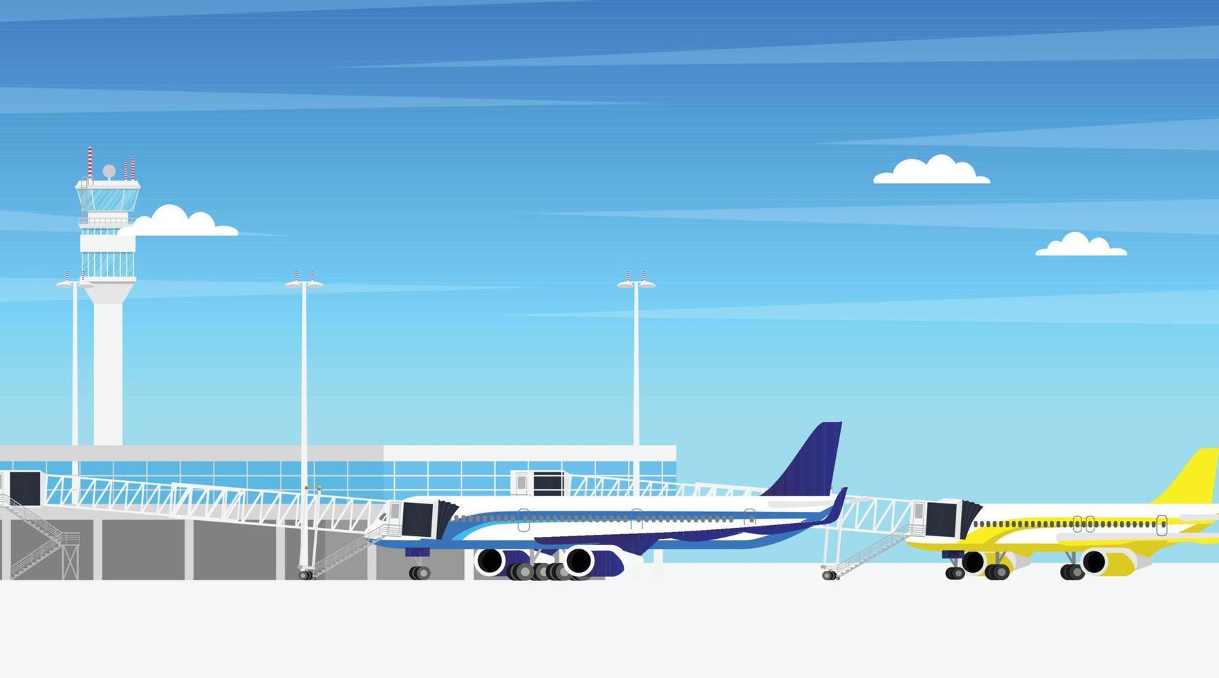 Terminalgebäude des Flughafenflugplatzes mit Flugzeugparkplätzen am Abfluggate und Flugbrücke, die mit der Flughafenterminalhalle in minimalem Design verbunden ist vektor