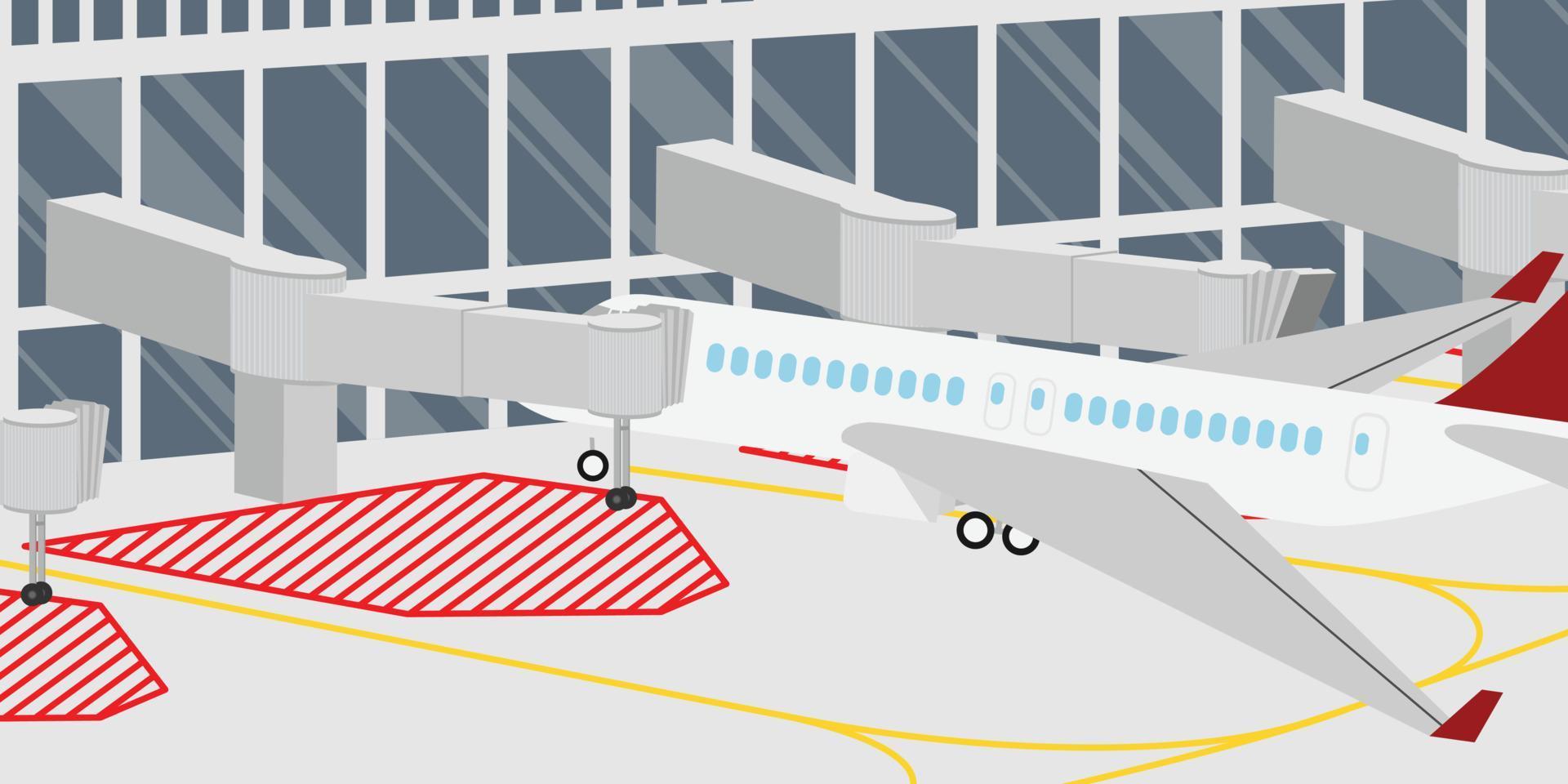 flygplats flygfält terminal byggnad med flygplan flygplan parkering på avresa Port och aero väg sätt bro ansluten till flygplats terminal hall i minimal design vektor