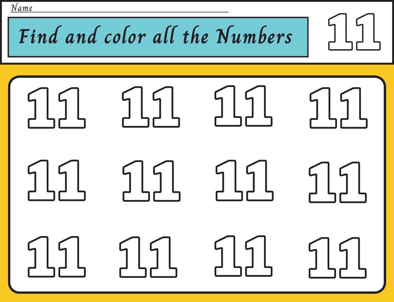 Arbeitsblatt zum Ausmalen von Nummer elf für Kinder, die zählen und schreiben lernen. Vektor-Illustration. vektor