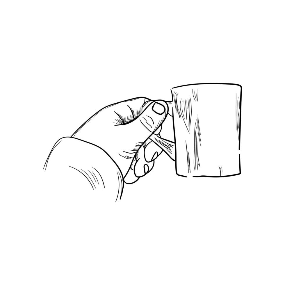 Hand hält eine Tasse Kaffee-Symbol, handgezeichnete Linienkunst der Hand, die eine Tasse Kaffee hält vektor