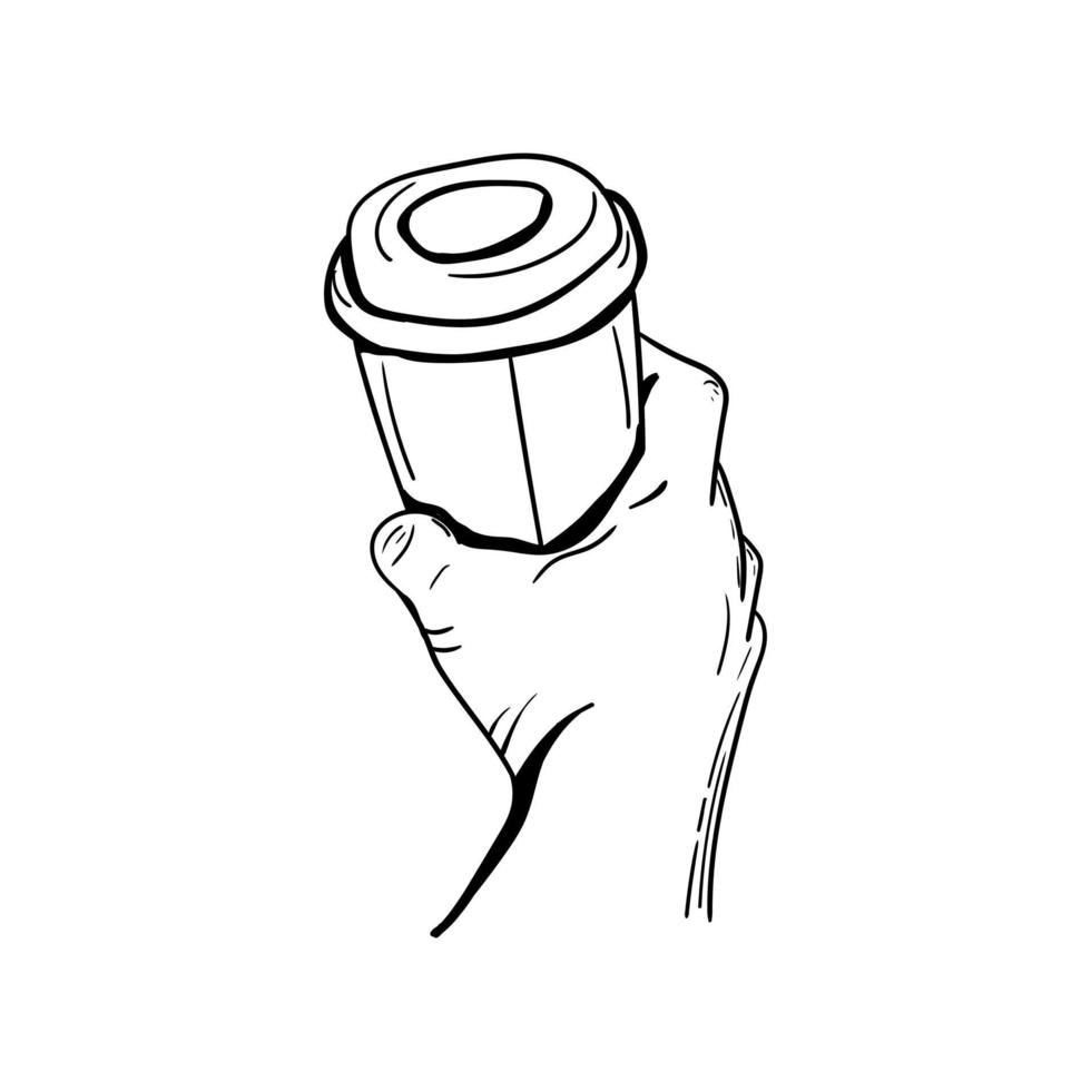 Hand hält eine Tasse Kaffee-Symbol, handgezeichnete Linienkunst der Hand, die eine Tasse Kaffee hält vektor