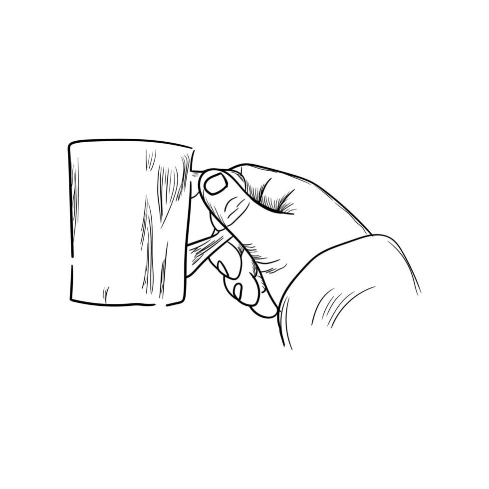 Hand hält eine Tasse Kaffee-Symbol, handgezeichnete Linienkunst der Hand, die eine Tasse Kaffee hält vektor