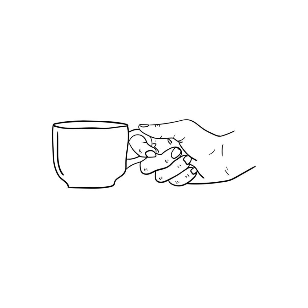 Hand hält eine Tasse Kaffee-Symbol, handgezeichnete Linienkunst der Hand, die eine Tasse Kaffee hält vektor