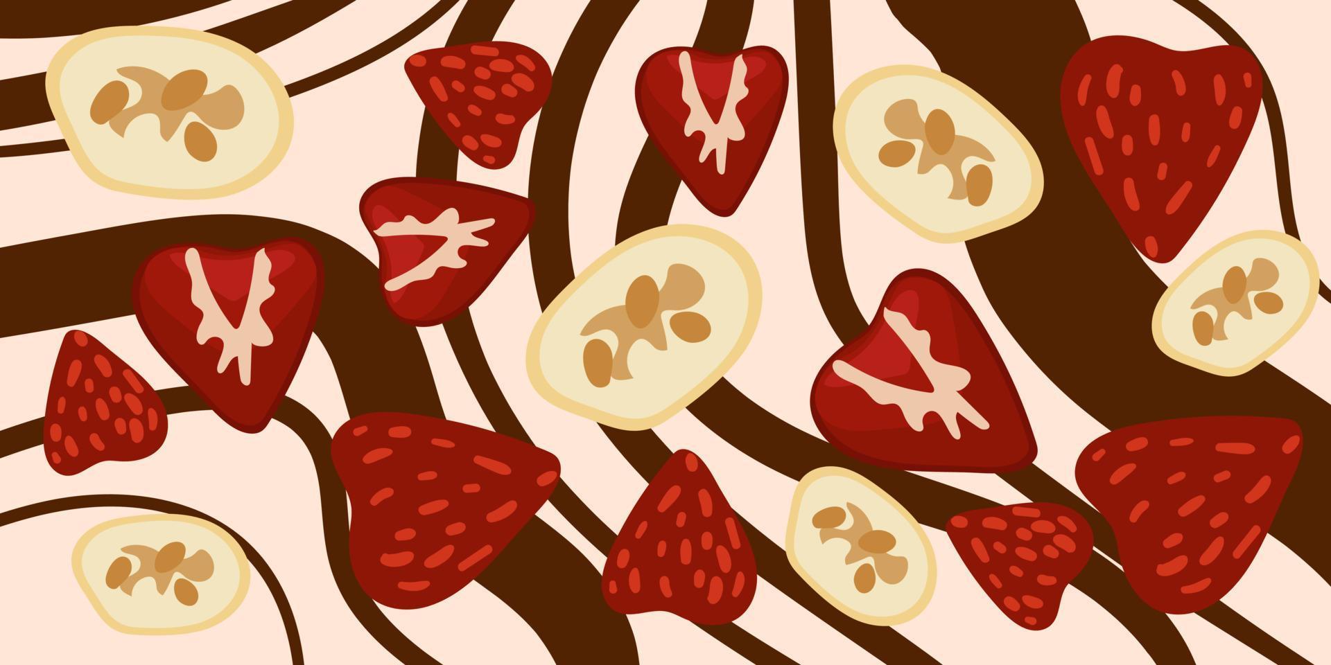 hintergrund der dekorativen schokolade zum valentinstag für liebhaber. Schokoladenhintergrund mit Beeren, Früchten, Nüssen. weiße und dunkle Schokolade mit Zusatzstoffen. Banner zu drucken vektor