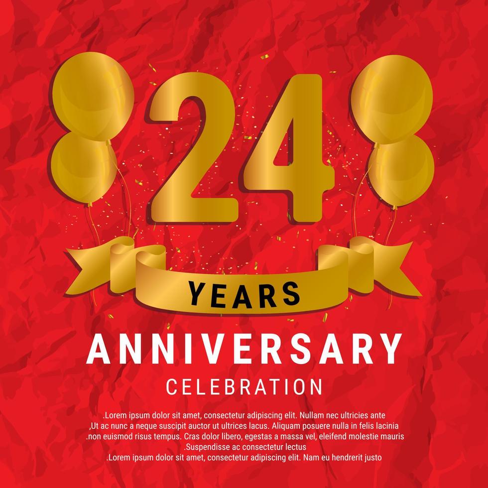 24 år årsdag firande. lyx Lycklig födelsedag kort bakgrund med element ballonger och band med glitter effekter. abstrakt röd med konfetti och gyllene band. vektor illustration eps10