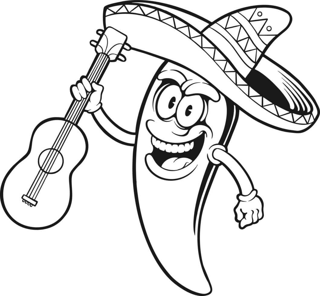 söt cinco de mayo mexikansk chili peppar spelar gitarr svartvit vektor
