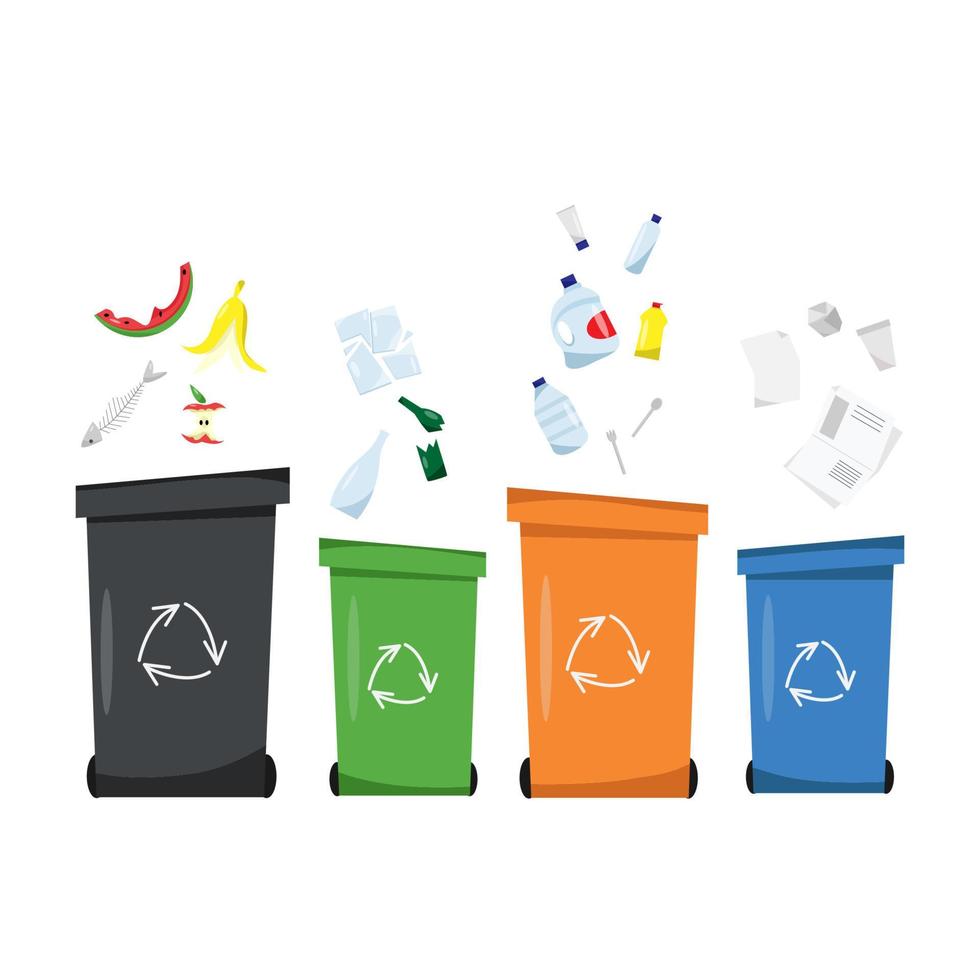 avfall sortering, sortering avfall för återvinning, sopor sortering, återvinning papperskorgar. vektor