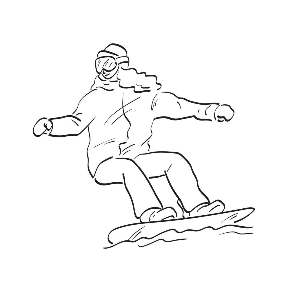 linie kunstfrau, die snowboardillustrationsvektorhand spielt, die lokalisiert auf weißem hintergrund gezeichnet wird vektor