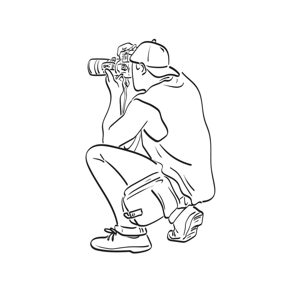 linje konst bak- se av manlig fotograf skytte med dslr kamera illustration vektor hand dragen isolerat på vit bakgrund