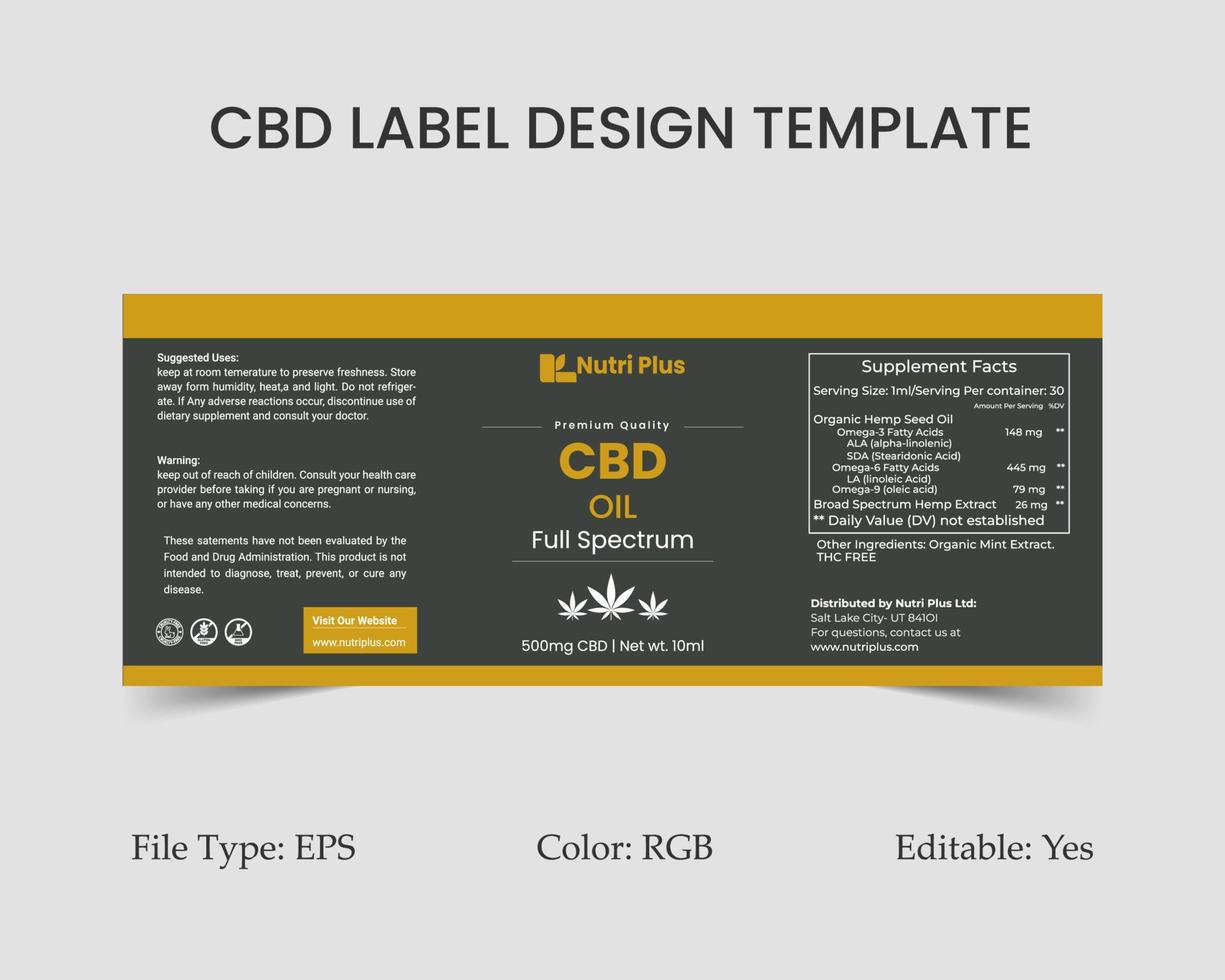 Designvorlage für cbd-etiketten, etikettendesign für hanföl und produktverpackungsdesign vektor