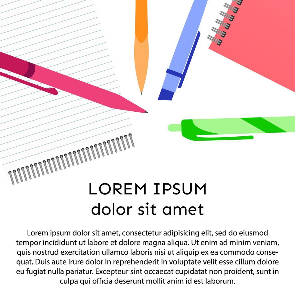 bakgrund med anteckningsbok, pennor, pennor och plats för din text. vektor illustration.