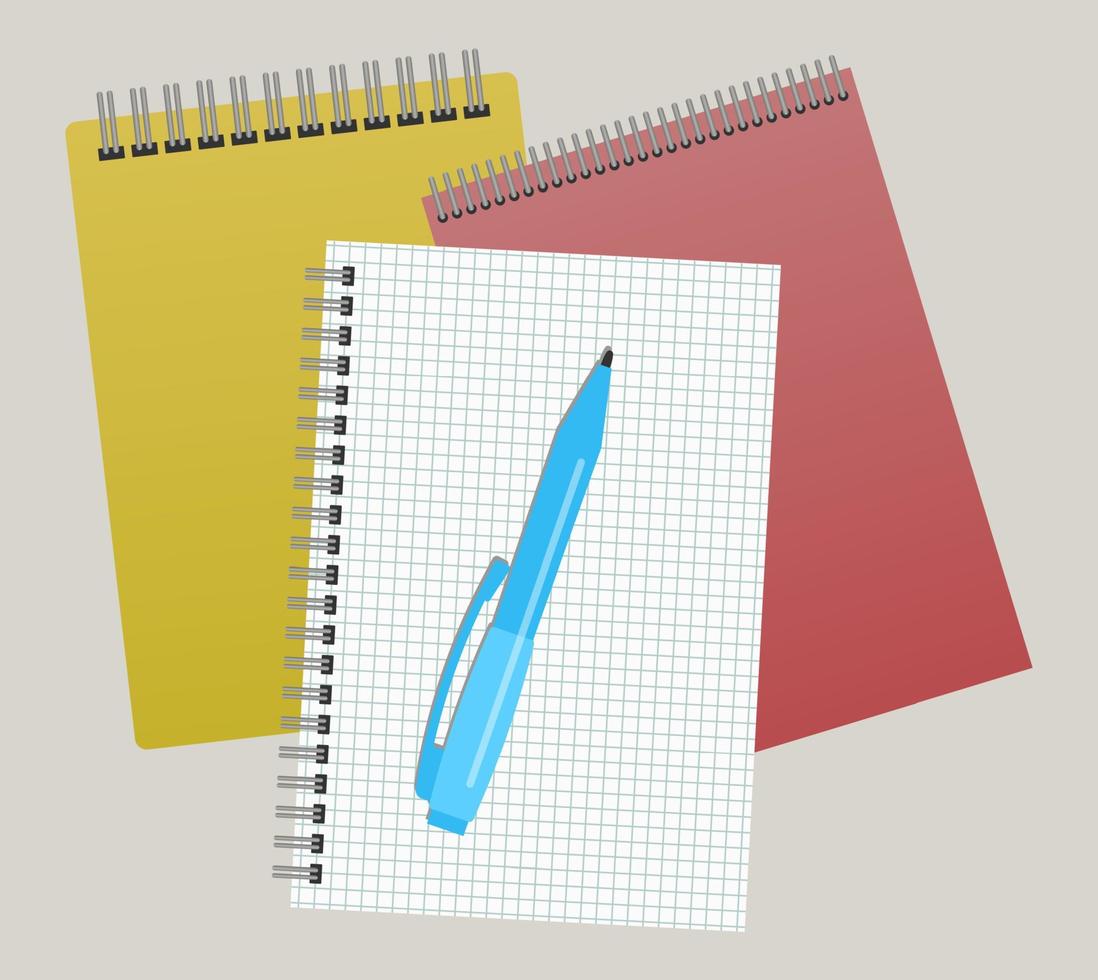 tre anteckningsblock och en penna. vektor illustration
